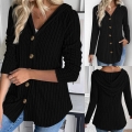 Women's Plus Size Hooded Cardigan Ribbed Knit Button Up Long Sleeve Brushed Casual Outerwear Fall Winter Solid Color Soft Jacket Top