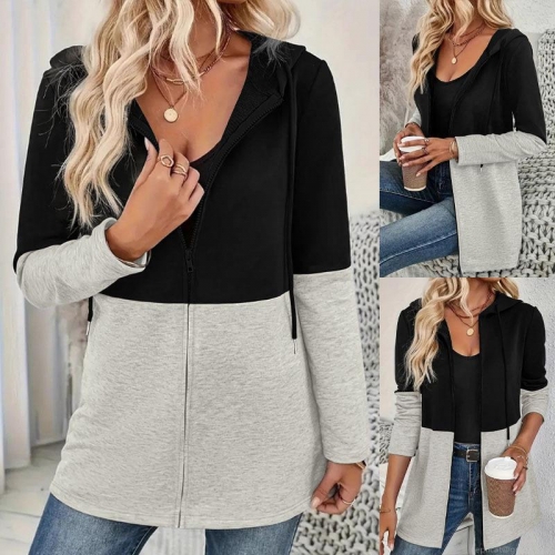 Women Plus Size Color Block Hooded Sweatshirt Jacket Casual Zipper Long Sleeve Drawstring Hoodie Outerwear Polyester Spandex Autumn Winter Plus-Size Tops