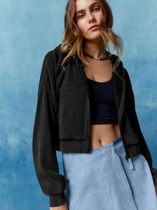 Women's Casual Waffle Knit Zip Up Hoodie Solid Color Cropped Long Sleeve Sweatshirt Jacket With Pockets Fashion Streetwear Outerwear