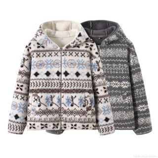 Women Retro Fair Isle Geometric Hooded Sherpa Fleece Jacket Zip Up Winter Warm Loose Nordic Style Hoodies Sweatshirt For Women Casual Outwear