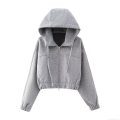 Women's Fashion Solid Grey Short Hooded Jacket Zip Up Crop Hoodie Sweatshirt Long Sleeve Drop Shoulder Top With Drawstring Casual Daily Outerwear