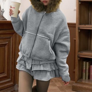 Women's American Retro Hooded Sweatshirt Jacket With Faux Fur Collar Thick Sherpa Lined Full Zip Loose Fit Winter Warm Fleece Hoodie Coat For Women