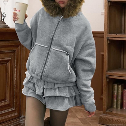 Women's American Retro Hooded Sweatshirt Jacket With Faux Fur Collar Thick Sherpa Lined Full Zip Loose Fit Winter Warm Fleece Hoodie Coat For Women