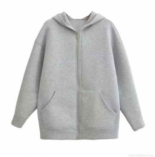 Women's Oversized Zip-Up Hoodie Space Cotton Hooded Sweatshirt Grey Loose Solid Color Long Sleeve Jacket With Pockets For Daily Casual Streetwear