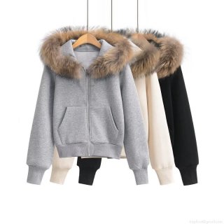 Women's Casual Cotton Blend Fleece Hooded Sweatshirt With Detachable Fur Collar Zip Up Thickened Warm Winter Jacket Streetwear Elegant Solid Color Top For Women