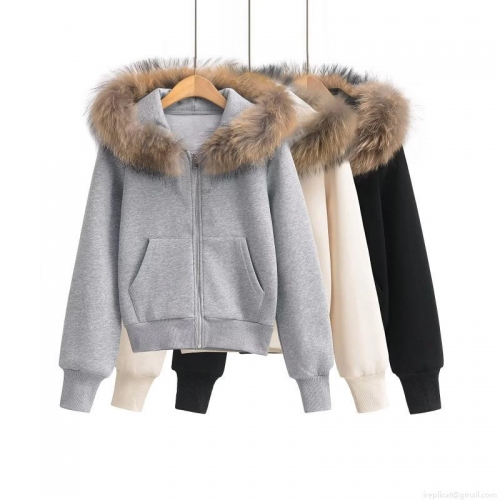 Women's Casual Cotton Blend Fleece Hooded Sweatshirt With Detachable Fur Collar Zip Up Thickened Warm Winter Jacket Streetwear Elegant Solid Color Top For Women