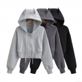 Women's Cropped Hooded Zip-Up Hoodie Devil Horns Cat Ears Cotton Blend Knit Streetwear Casual Long Sleeve Sweatshirt