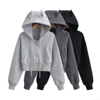 Women's Cropped Hooded Zip-Up Hoodie Devil Horns Cat Ears Cotton Blend Knit Streetwear Casual Long Sleeve Sweatshirt