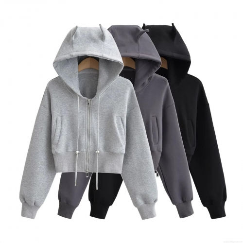 Women's Cropped Hooded Zip-Up Hoodie Devil Horns Cat Ears Cotton Blend Knit Streetwear Casual Long Sleeve Sweatshirt