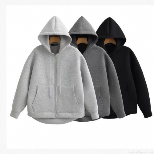 Women's Casual Zip Up Hooded Sweatshirt Polyester Air Layer Knitted Long Sleeve Loose Fit Hoodie With Pockets Solid Color Minimalist Streetwear Jacket