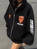 Women's Racing Style Zip Up Hoodie Heavyweight Cotton Blend Oversized Loose Fit Long Sleeve Streetwear Trendy Sporty Racing Aesthetic Letter Shield Print Checkerboard Patterns Sweatshirt