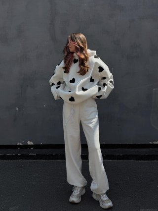 Women's Oversized Cotton Blend Hoodie Sweatshirt Heart Patchwork Print Long Sleeve Pullover Tops Casual Streetwear Hooded Suit