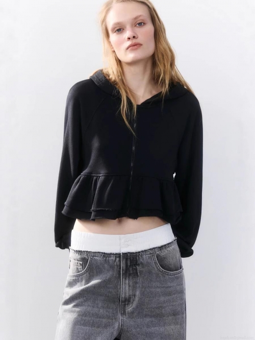 Women's Ruffle Hem Zip Up Hoodie Long Sleeve Hooded Sweatshirt Casual Loose Short Cardigan Jacket Solid Color Cotton Streetwear Tops