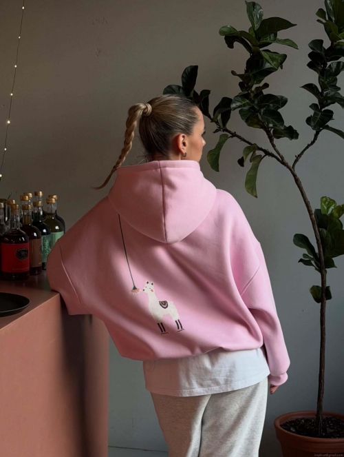 Women's 100% Cotton Fleece Alpaca Print Oversized Hoodie Warm Long Sleeve Pullover Casual BF Style Loose Sweatshirt for Winter Autumn Streetwear