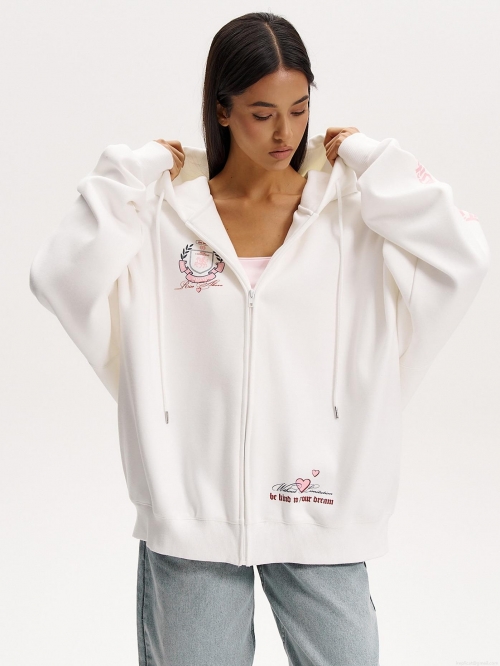 Women's Zip Up Hoodie 100% Cotton Oversized Hooded Sweatshirt Y2K Graphic Printed Jacket Loose Fit Long Sleeve Cardigan Casual Streetwear White Sporty Outerwear