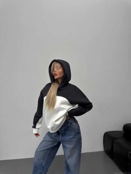 Women's Loose Hooded Sweatshirt 100% Cotton Contrast Color Stitching Long Sleeve Pullover Oversized Streetwear Casual Hoodie For Ladies Spring Fall Top