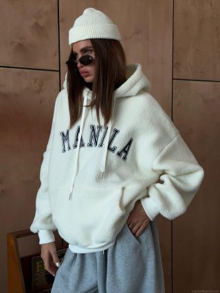 Women's MANILA Embroidered Polar Fleece Hoodie Loose Thickened Teddy Fleece Hooded Sweatshirt Casual Streetwear Autumn Winter Plush Jacket