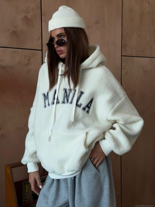 Women's MANILA Embroidered Polar Fleece Hoodie Loose Thickened Teddy Fleece Hooded Sweatshirt Casual Streetwear Autumn Winter Plush Jacket