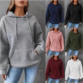 Women's Casual Waffle Knit Hoodie Sweatshirt Long Sleeve Drawstring Pullover Solid Color Polyester Hooded Top With Kangaroo Pocket For Daily Loungewear