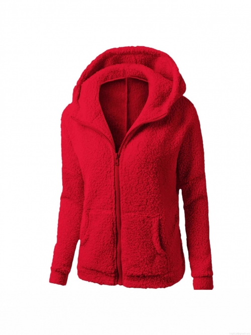 Women's Solid Color Sherpa Fleece Hooded Jacket Winter Warm Long Sleeve Zip Up Mid Length Hooded Sweatshirt Plus Size Autumn Casual Daily Outwear Coat