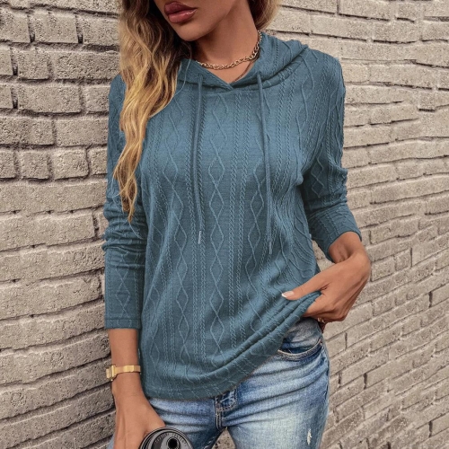 Women's Casual Cable Knit Hoodie Long Sleeve Drawstring Pullover Sweatshirt Solid Color Autumn Winter Nylon Blend Knit Top