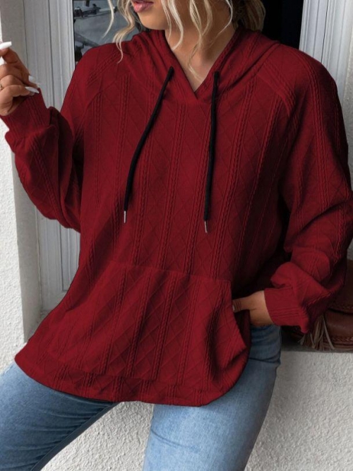 Women's Loose Hooded Sweatshirt Textured Cable Knit Pullover With Contrast Drawstring Casual Long Sleeve Hoodie Top For Autumn Winter