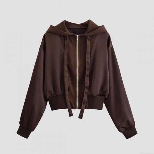 Women's Cropped Hooded Zip-Up Sweatshirt Jacket 100% Polyester Solid Color Drawstring Long Sleeve Ribbed Hem Coffee Brown Casual Streetwear Outerwear