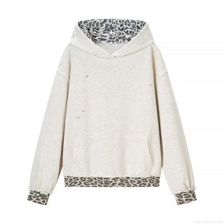 Women's Fashion Leopard Splicing Hoodie Distressed Long Sleeve Cotton Blend Pullover Sweatshirt Oatmeal Streetwear Casual Loose Tops