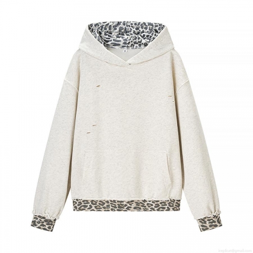 Women's Fashion Leopard Splicing Hoodie Distressed Long Sleeve Cotton Blend Pullover Sweatshirt Oatmeal Streetwear Casual Loose Tops