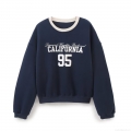 Women's Vintage California Letter Print Sweatshirt Navy Blue Contrast Collar Cotton Blend Long Sleeve Crewneck Pullover Casual Loose Fashion Top