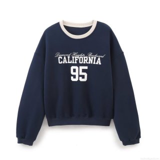 Women's Vintage California Letter Print Sweatshirt Navy Blue Contrast Collar Cotton Blend Long Sleeve Crewneck Pullover Casual Loose Fashion Top