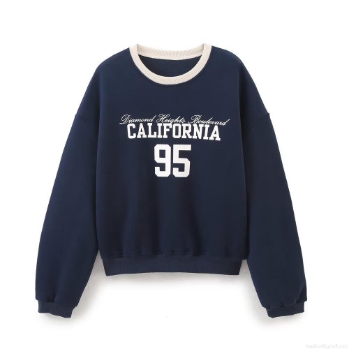 Women's Vintage California Letter Print Sweatshirt Navy Blue Contrast Collar Cotton Blend Long Sleeve Crewneck Pullover Casual Loose Fashion Top