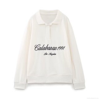 Women's Street Style Polo Collar Long Sleeve Sweatshirt Los Angeles 1991 Letter Print Pullover Top Casual Fleece Sweatshirt For Winter