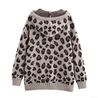 Women's Leopard Print Hooded Knit Sweater Jacquard Loose Long Sleeve Pullover Hoodie with Kangaroo Pocket Nylon Viscose Blend Knitwear for Winter Streetwear