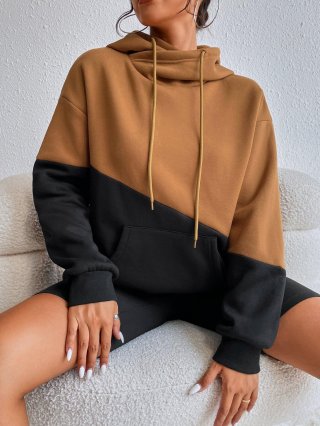 Women's Oversized Color Block Hooded Sweatshirt Fleece Lined Warm Long Sleeve Pullover Hoodies With Pocket Streetwear For Autumn Winter
