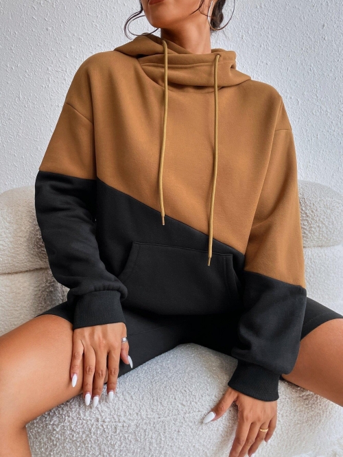 Women's Oversized Color Block Hooded Sweatshirt Fleece Lined Warm Long Sleeve Pullover Hoodies With Pocket Streetwear For Autumn Winter