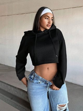 Women's Individual Street Trendy Crop Hoodie Polyester Cotton Blend Long Sleeve Drawstring Hooded Sweatshirt Autumn Winter Fashion Short Top