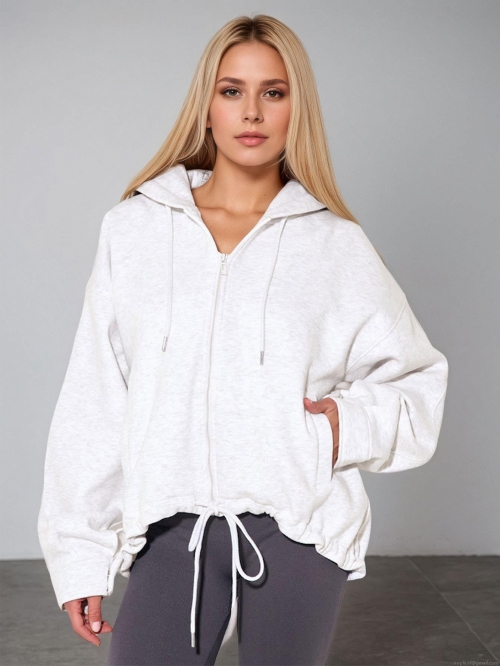 Women's Casual Zip-Up Hoodie Oversized Knit Sweatshirt Jacket With 80% Polyester 20% Cotton Solid Color Drawstring Hooded Top For Sports Outdoor Daily Women Clothing
