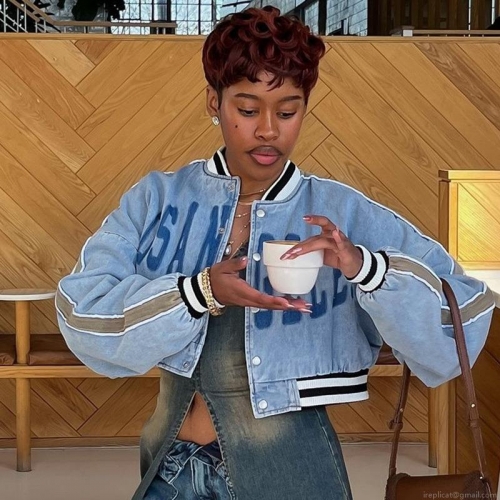 Women's Cropped Baseball Jacket 100% Polyester Denim Texture Long Sleeve Lantern Sleeve LOS ANGELES Letter Print Casual Streetwear Sporty Retro Varsity Style For Women Girls