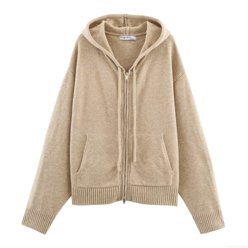 Women's Acrylic Nylon Knit Hoodie Cardigan Long Sleeve Zipper Jacket Casual Solid Color Knitted Sweatshirt With Pockets Hooded Outerwear For Autumn Winter