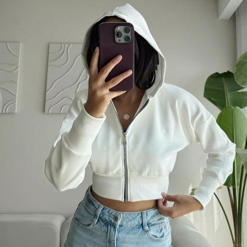 Women's 100% Polyester Cropped Zip Up Hoodie Long Sleeve Solid Color Slim Fit Hooded Sweatshirt Fall Streetwear Casual Jacket