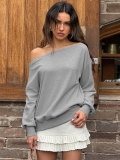 Women's Off-Shoulder Long Sleeve Sweatshirt Loose Fit Solid Color Slash Neck Pullover Top Casual Streetwear Y2K Aesthetic Knit Sweater for Autumn Winter