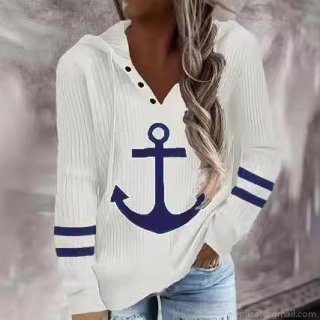 Women Casual Ribbed Knit Hooded Sweatshirt Nautical Anchor Print V-Neck Button Pullover Long Sleeve Stripe Hoodie For Autumn Winter Leisure Top