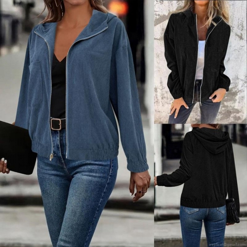 Women's Plus Size Casual Corduroy Hooded Jacket Solid Color Zipper Loose Sweatshirt Long Sleeve Outerwear For Autumn Winter