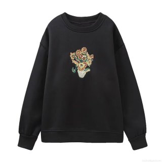 Women's Winter Fleece Lined Sweatshirt Cotton Blend Van Gogh Sunflower Embroidery Long Sleeve Crewneck Casual Loose Fit Pullover Top