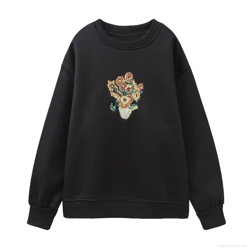 Women's Winter Fleece Lined Sweatshirt Cotton Blend Van Gogh Sunflower Embroidery Long Sleeve Crewneck Casual Loose Fit Pullover Top