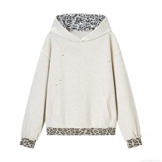 Women's Oversized Leopard Print Patchwork Hoodie Distressed Cotton Blend Sweatshirt Casual Long Sleeve Pullover Streetwear Top