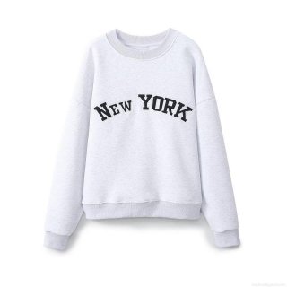 Women's Casual Cotton Blend Letter Embroidery Sweatshirt Loose Fit Round Neck Pullover Long Sleeve Fleece Top New York Print Grey Jumper