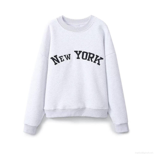 Women's Casual Cotton Blend Letter Embroidery Sweatshirt Loose Fit Round Neck Pullover Long Sleeve Fleece Top New York Print Grey Jumper
