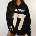 Women's Streetwear Oversized V-Neck Sweatshirt Casual Athletic Letter Number Print Long Sleeve Pullover Autumn Fashion Loose Top